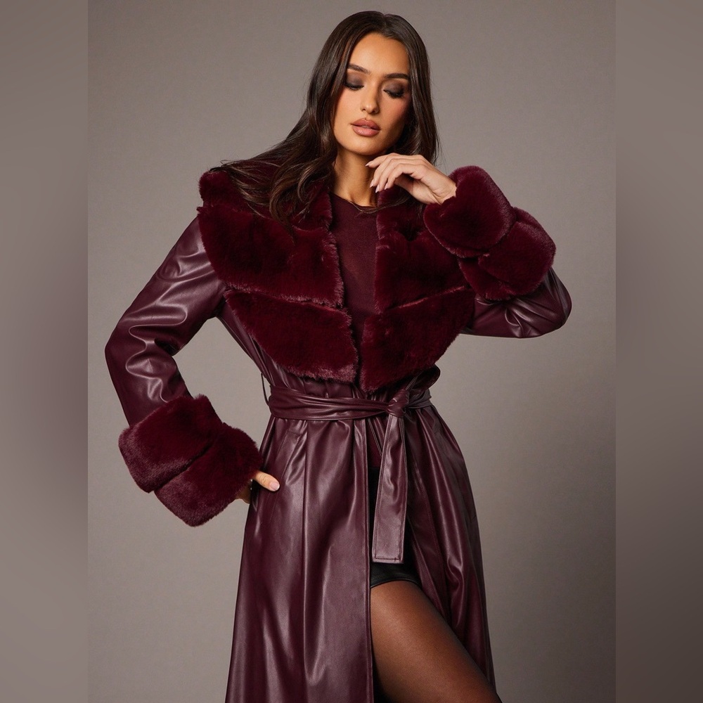 BELT ONLY 🔥 Faux fur collar cuffs vegan leather trench coat burgundy maroon - Picture 3 of 9